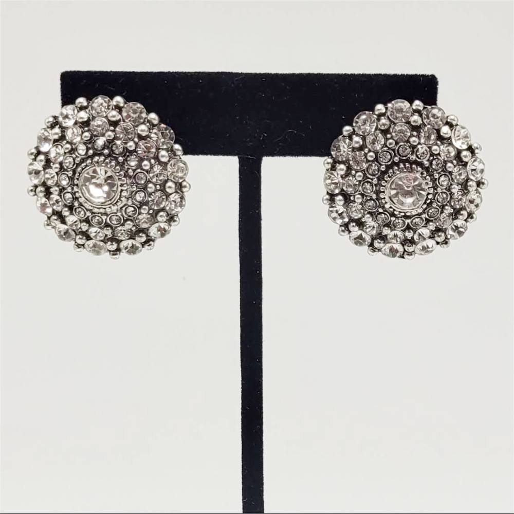 Vintage Round Silver Tone Crystal Earrings